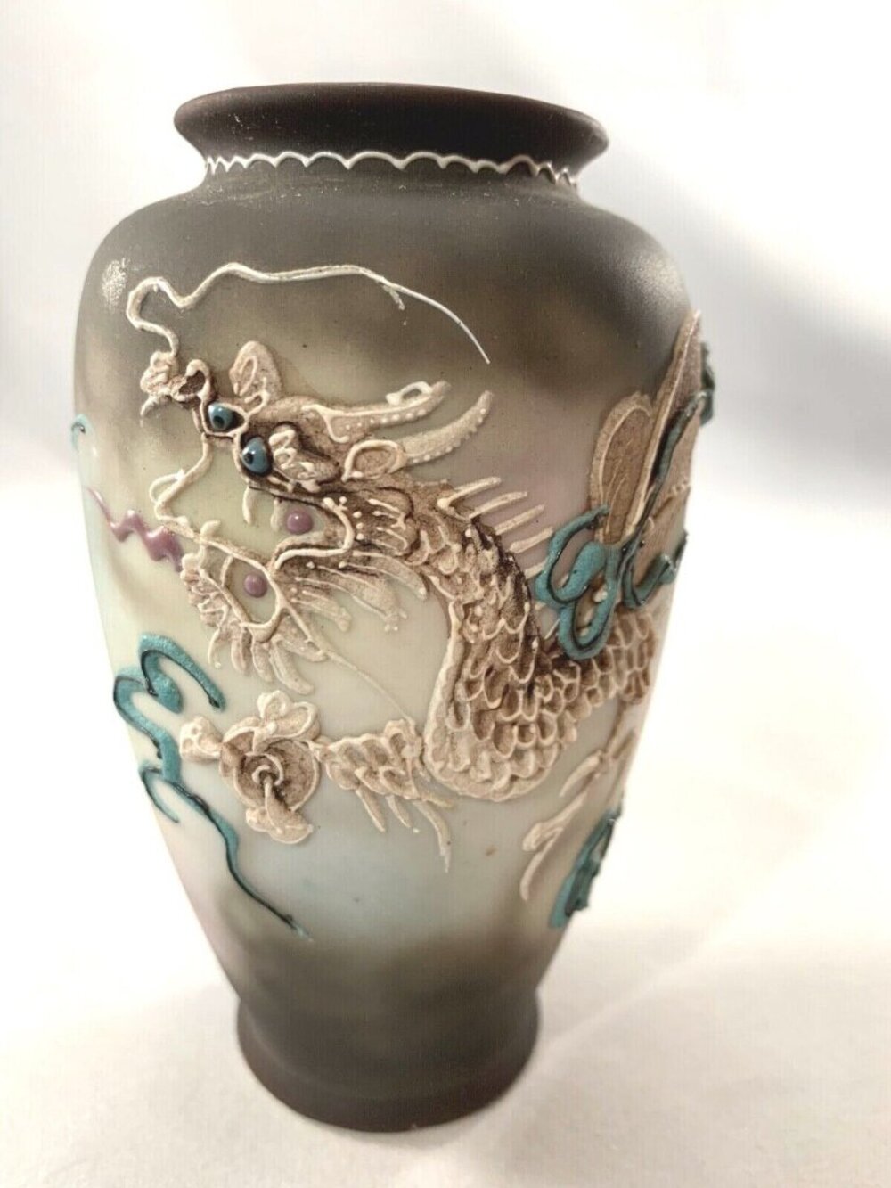 Japanese Dragon Moriage Vase Ceramic Brown Blue HandPainted Dragonware Raised